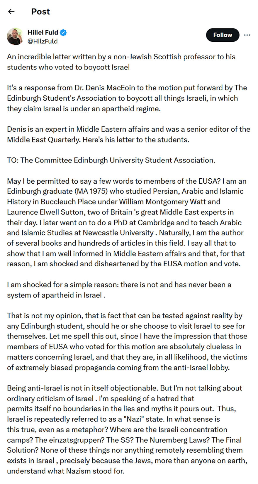 Hillel Fuld-tweet-30May2024-Dr. Denis MacEoin to Edinburgh Student's Association-1