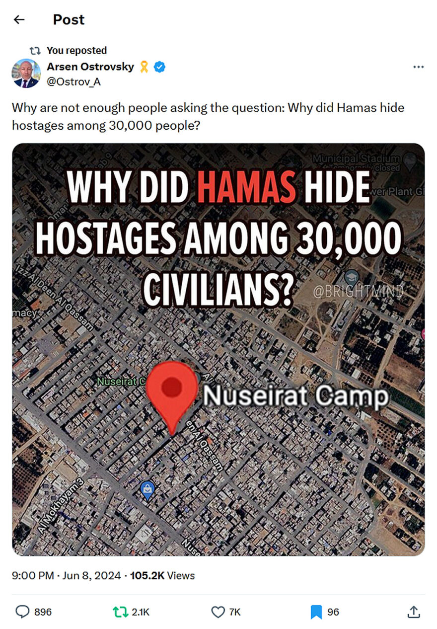 Arsen Ostrovsky-tweet-8June2024-Why did Hamas hide hostages among 30,000 people