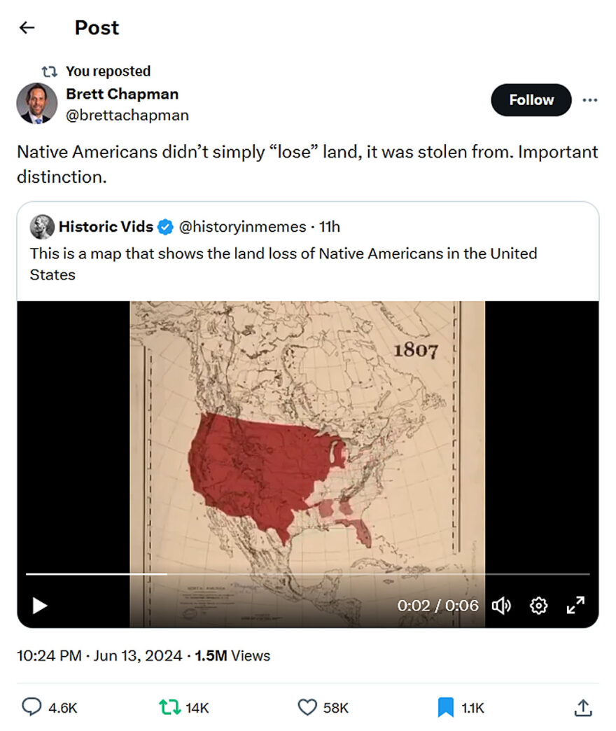 Brett Chapman-tweet-13June2024-Land stolen from Native Americans