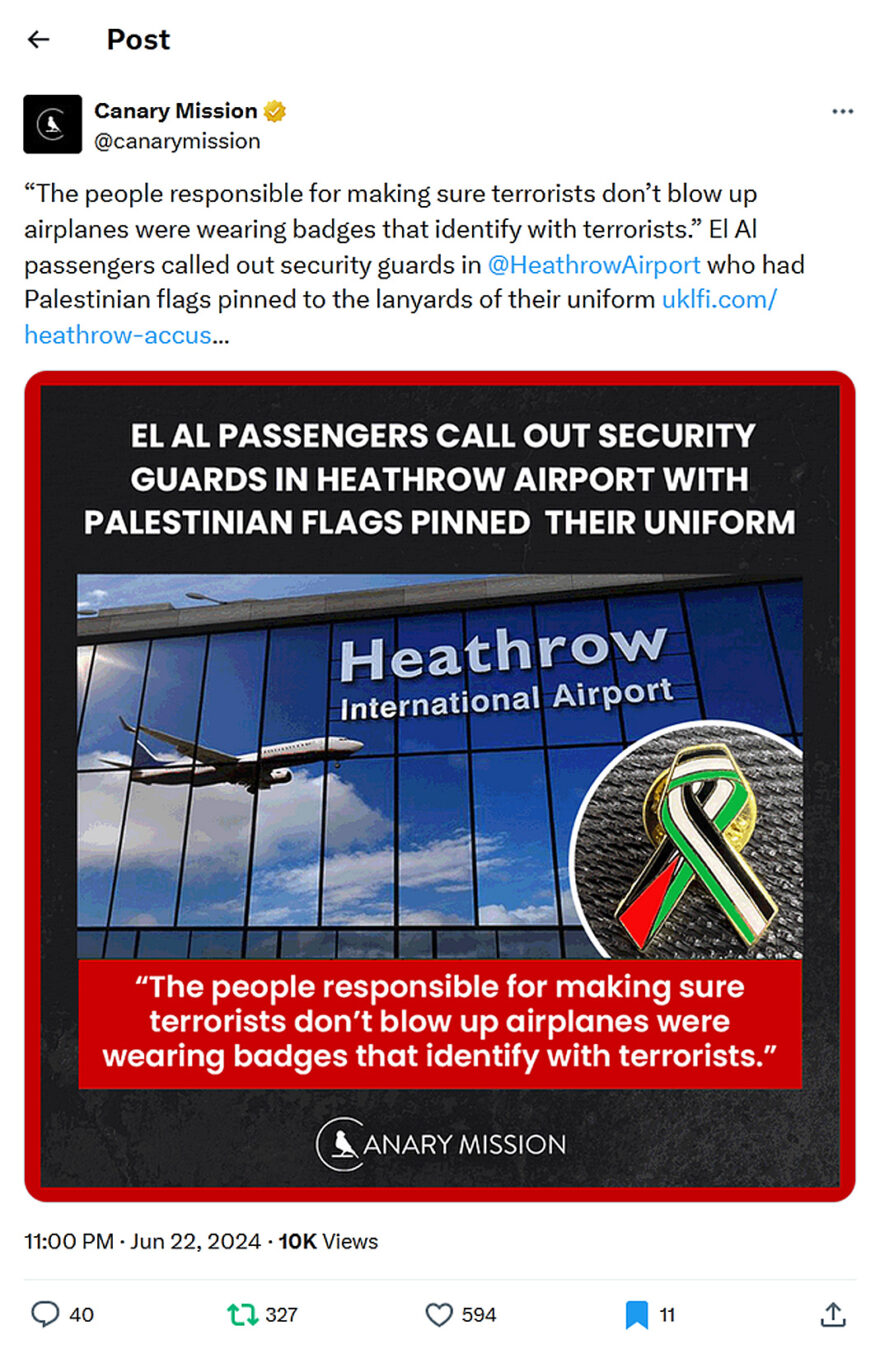 Canary Mission-tweet-22June2024-Heathrow Airport security staff identify with terrorists