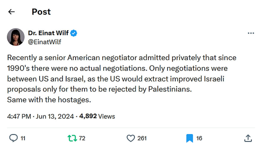 Dr. Einat Wilf-tweet-13June2024-Since 1990's there were no actual negotiations