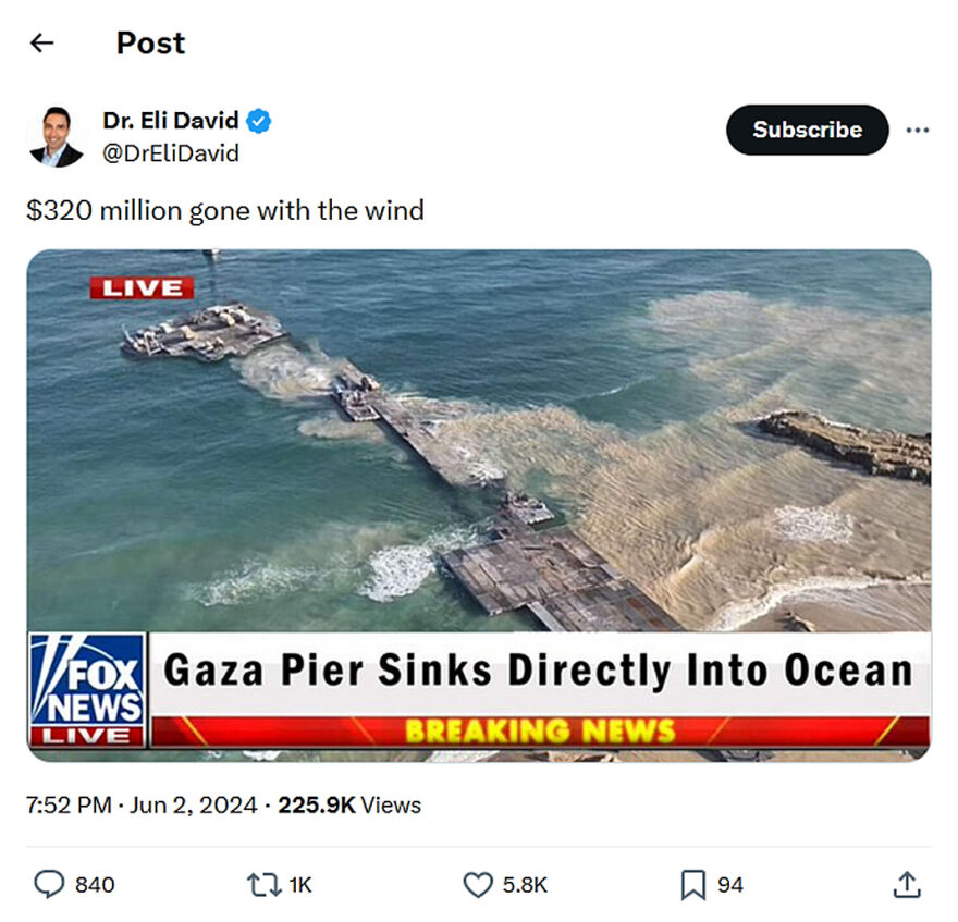 Dr. Eli David-tweet-2June2024-Gaza Pier Sinks Directly into the Ocean