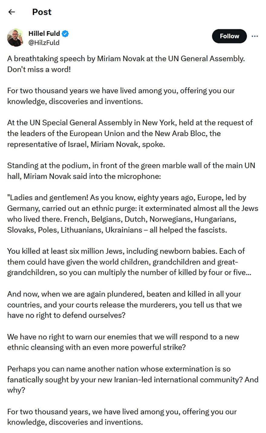 Hillel Fuld-tweet-17June2024-Anti-BDS speech by Miriam Novak, UN General Assembly