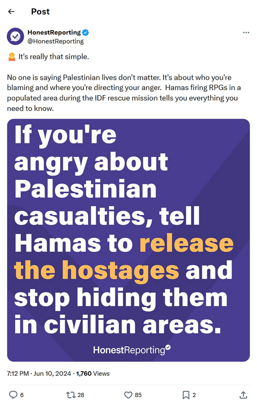 HonestReporting-tweet-10June2024- Hamas firing RPGs in a populated area