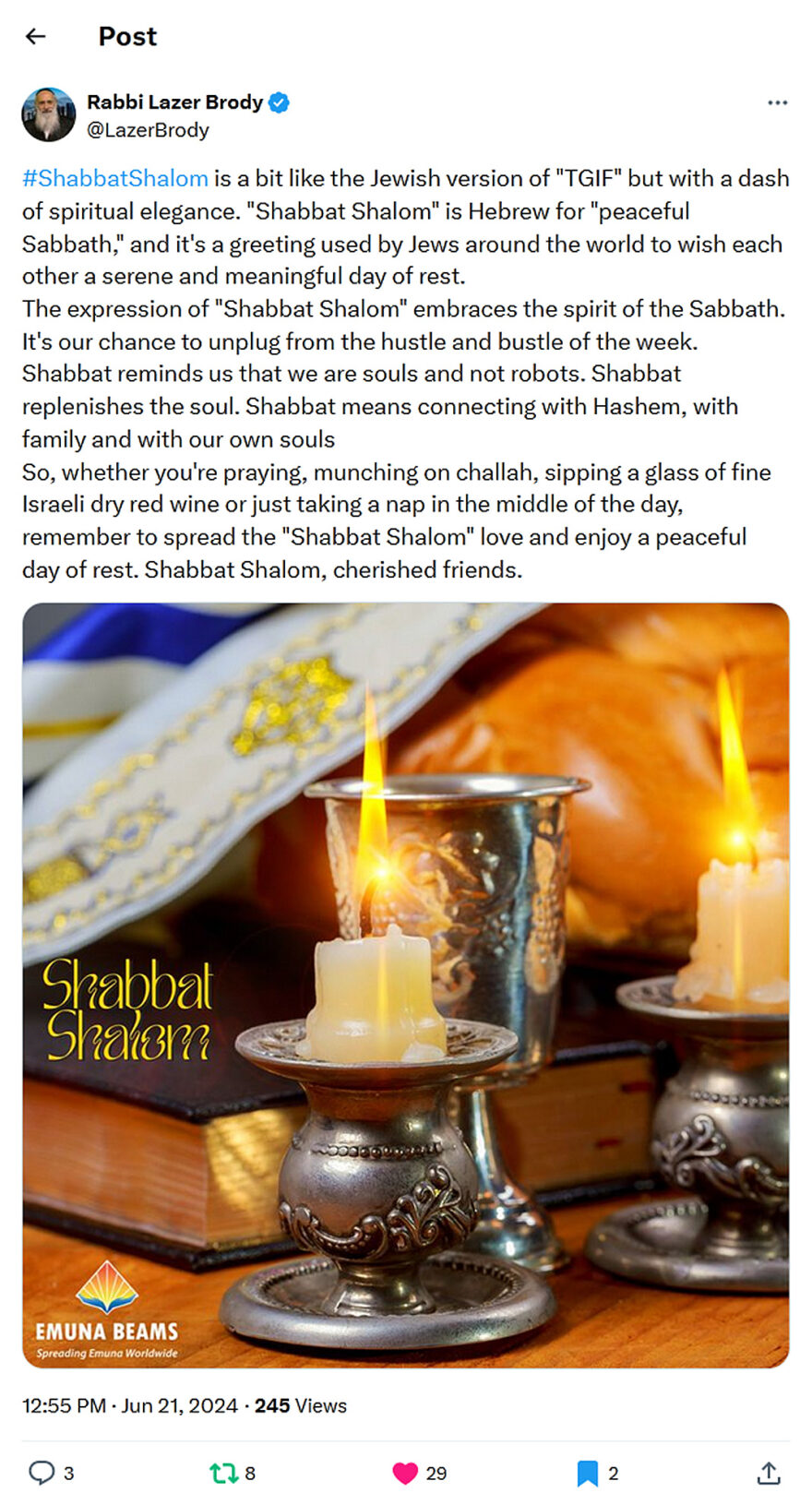 Rabbi Lazer Brody-tweet-21June2024-Shabbat Shalom