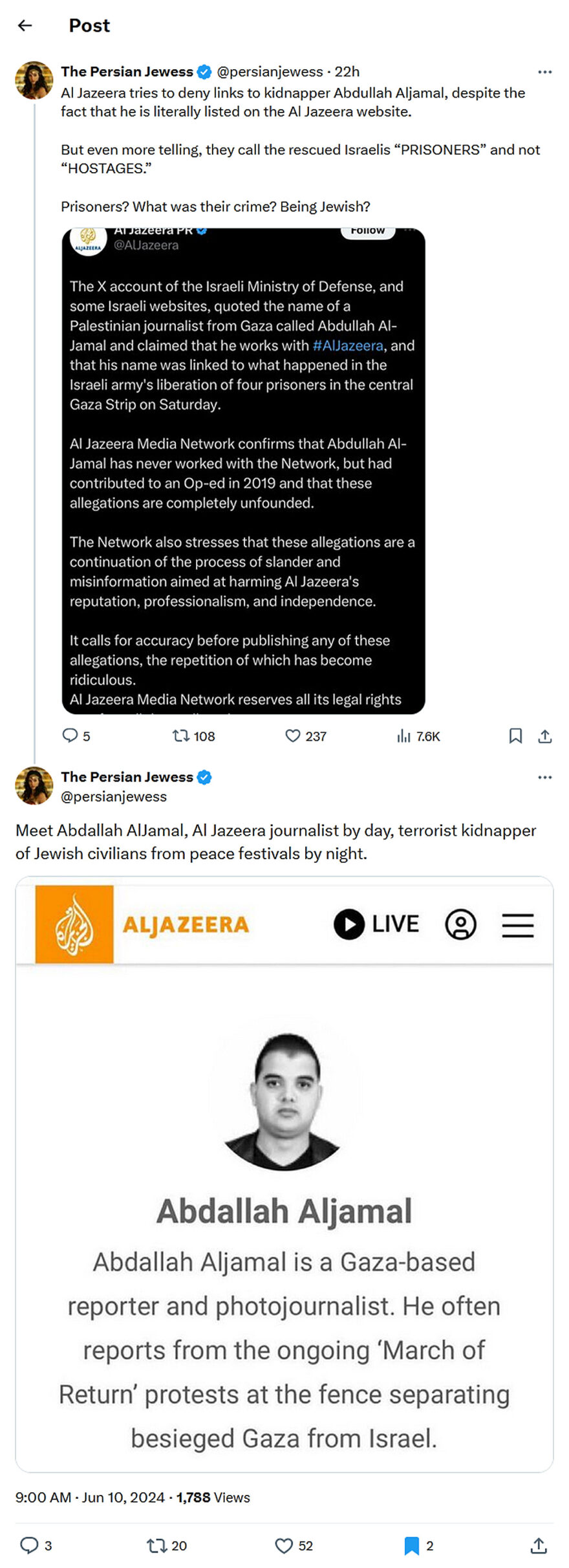 The Persian Jewess-tweet-10June2024-Al Jazeera tries to deny links to kidnapper Abdullah Aljamal