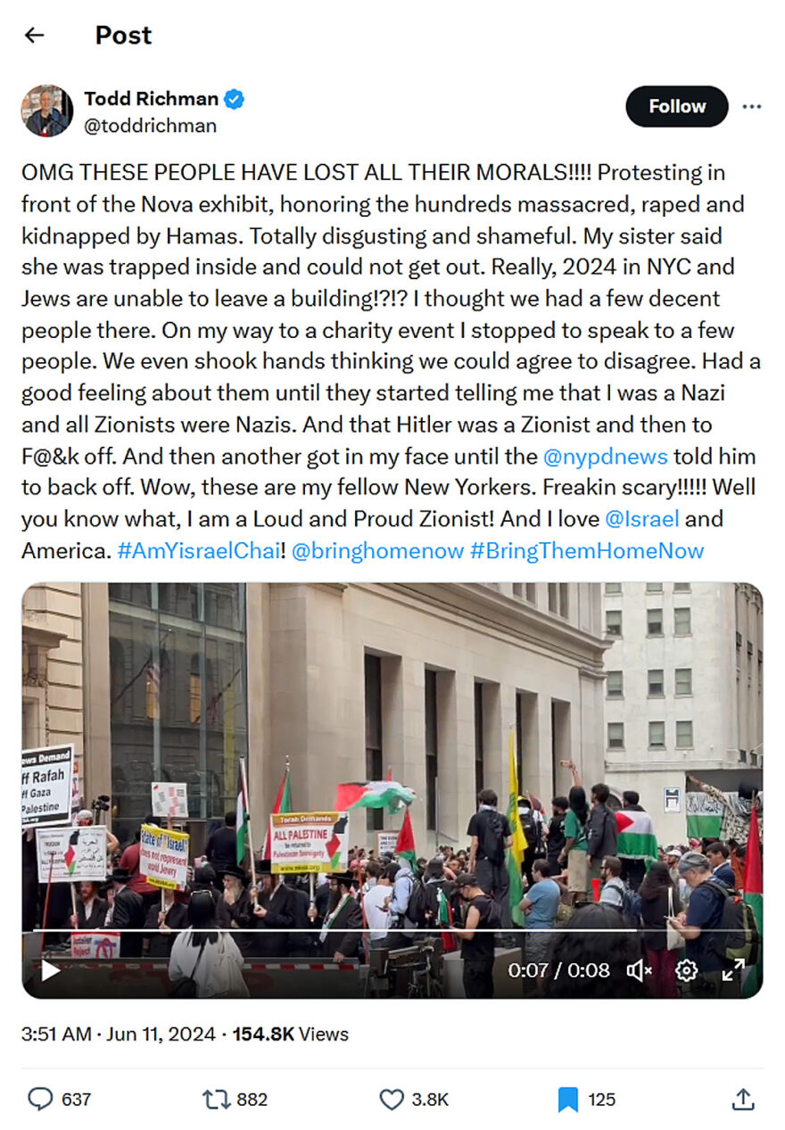 Todd Richman-tweet-11June2024-Hamas Protesting in front of the Nova exhibit