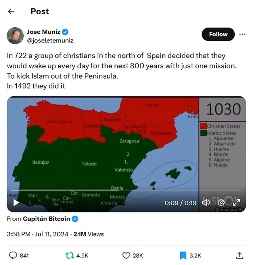Jose Muniz-tweet-11July2024-Christians kick Islam out of the Peninsula