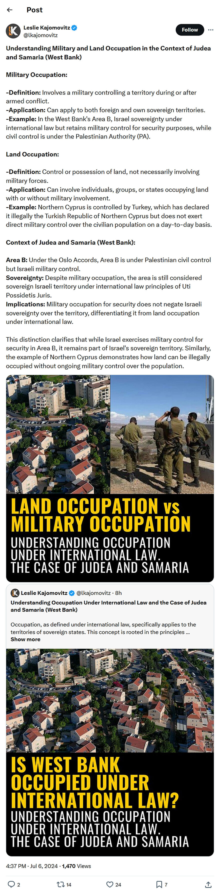 Leslie Kajomovitz-tweet-6July2024-Understanding Military and Land Occupation in the Context of Judea and Samaria