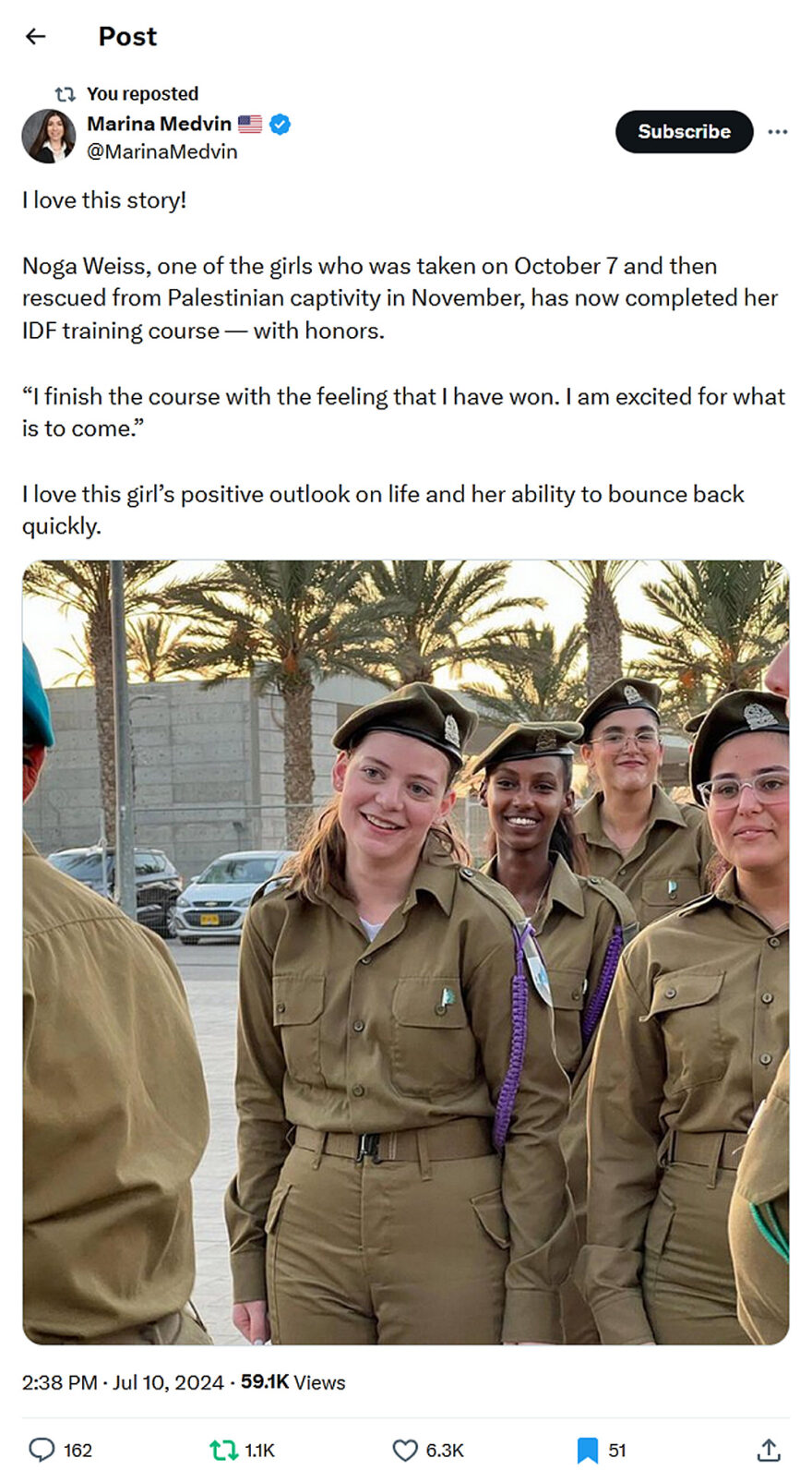 Marina Medvin-tweet-10July2024-Rescued from Palestinian captivity-completed IDF training course