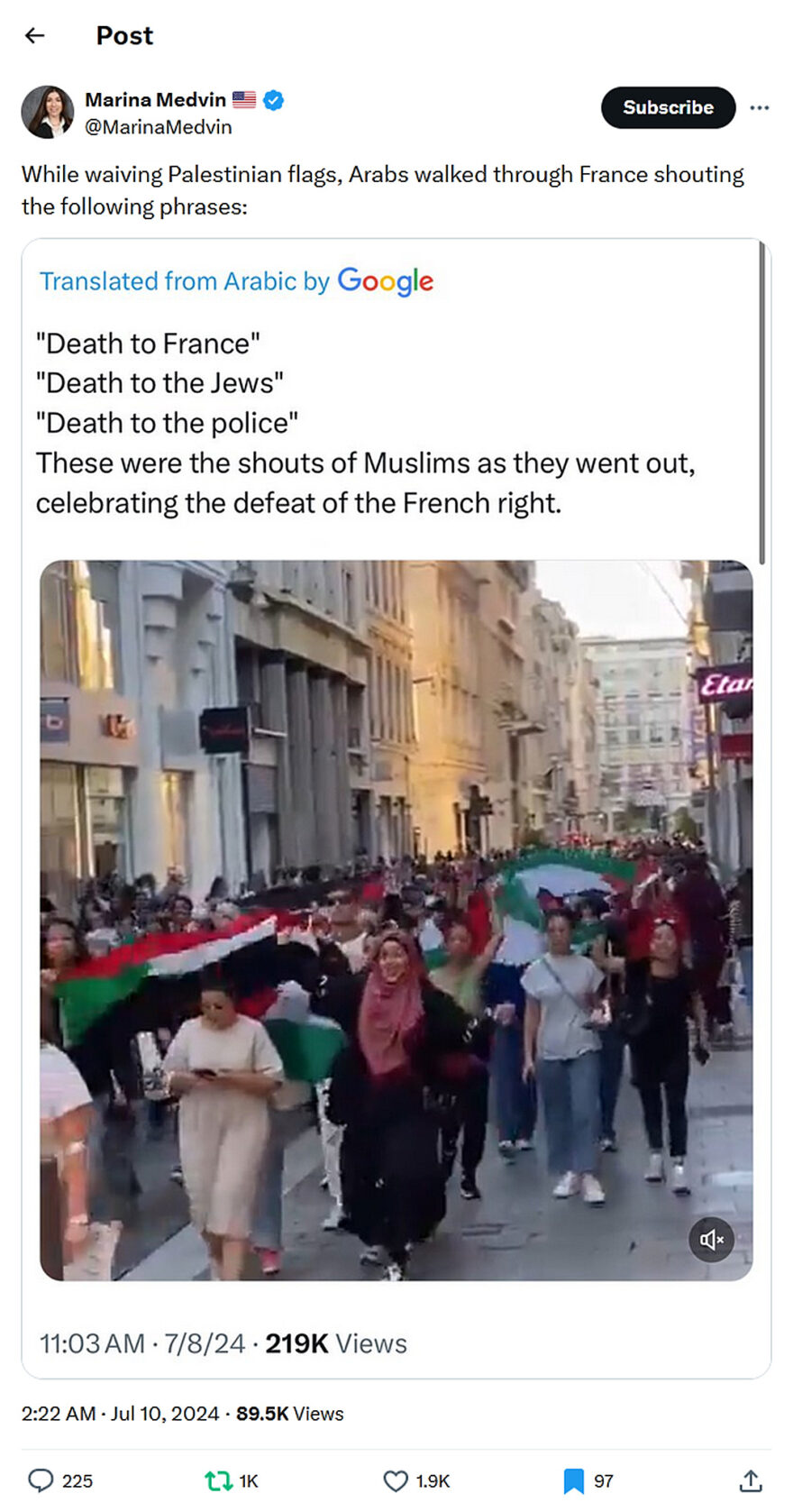 Marina Medvin-tweet-9July2024-France-While waiving Palestinian flags