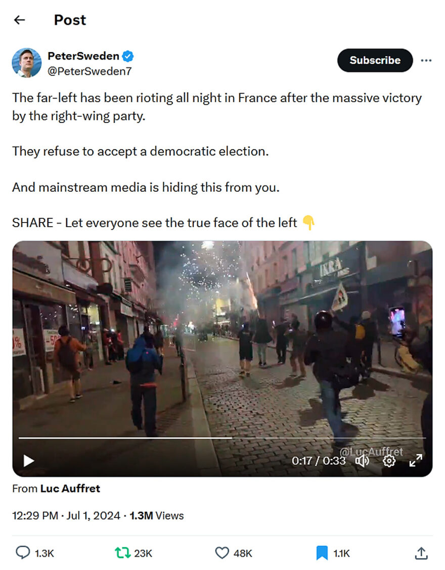 PeterSweden-tweet-1July2024-The far-left has been rioting all night in France