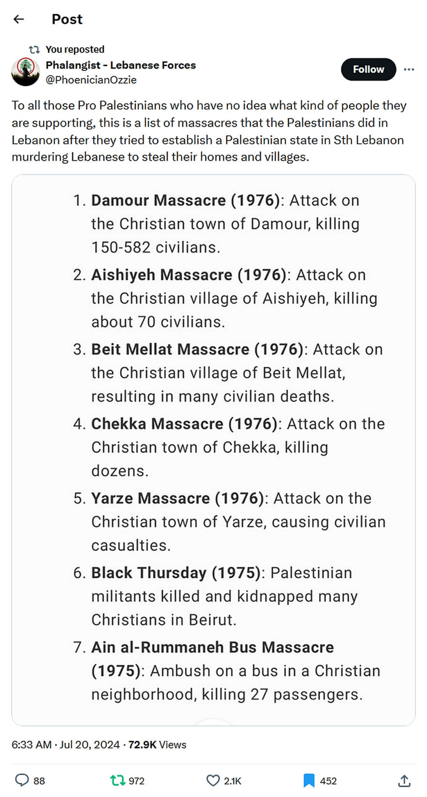 Phalangist - Lebanese Forces-tweet-20July2024-List of massacres that the Palestinians did in Lebanon