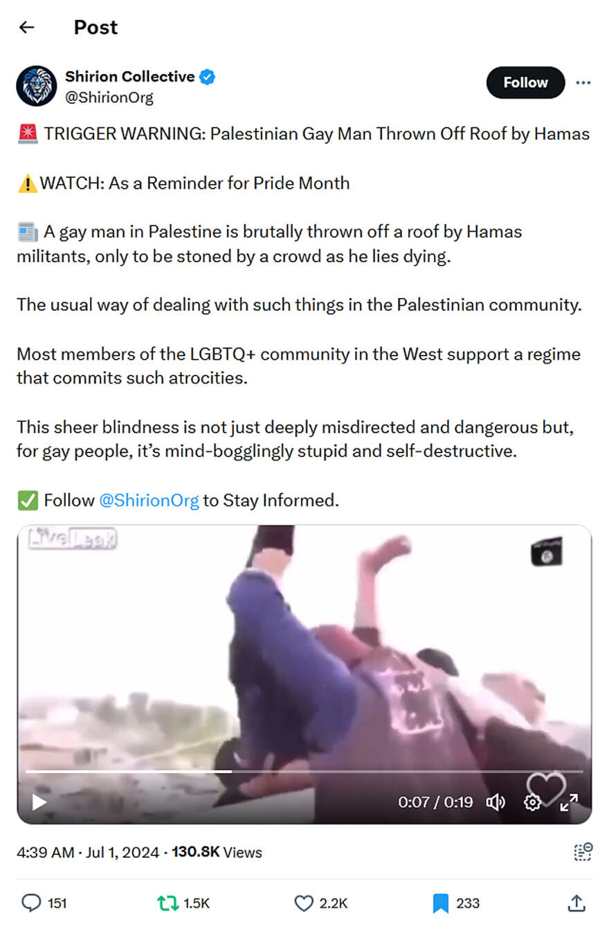 Shirion Collective-tweet-1July2024-Palestinian Gay Man Thrown Off Roof by Hamas