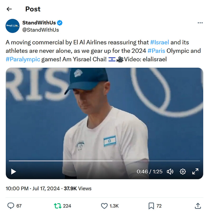 StandWithUs-tweet-17July2024-El Al-Israel and its athletes are never alone