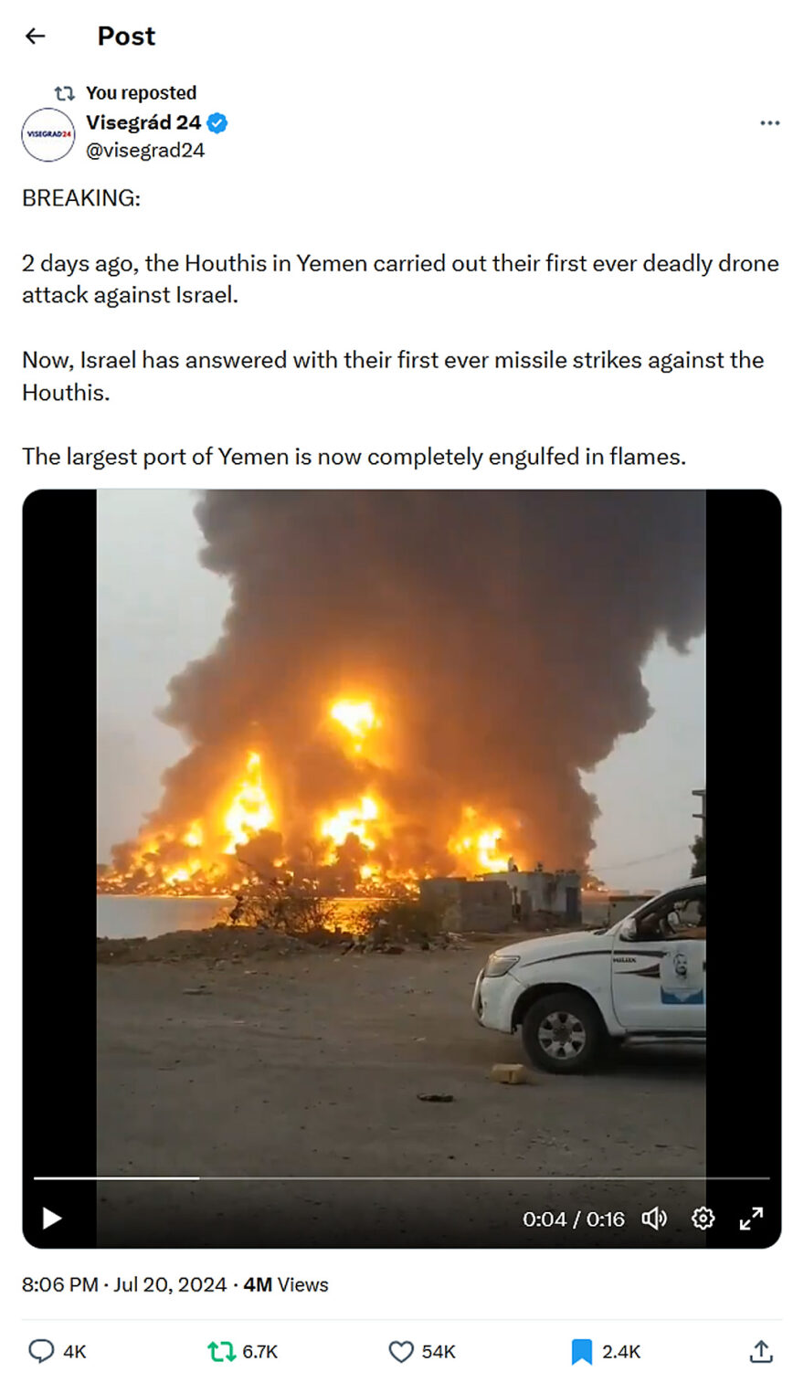 Visegrád 24-tweet-20July2024-largest port of Yemen is now completely engulfed in flames